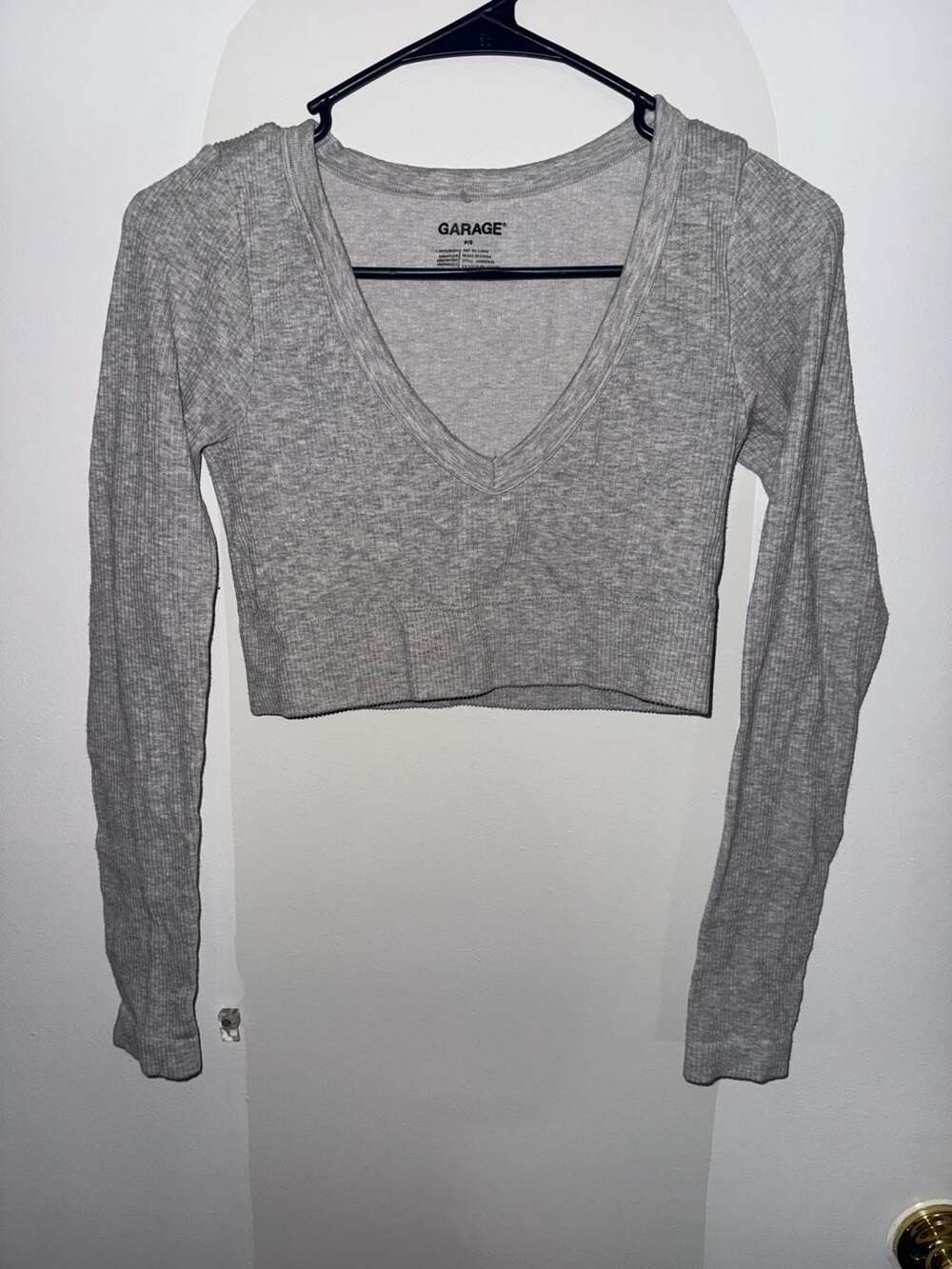 Garage Grey Ribbed V-Neck Long Sleeve Crop Top